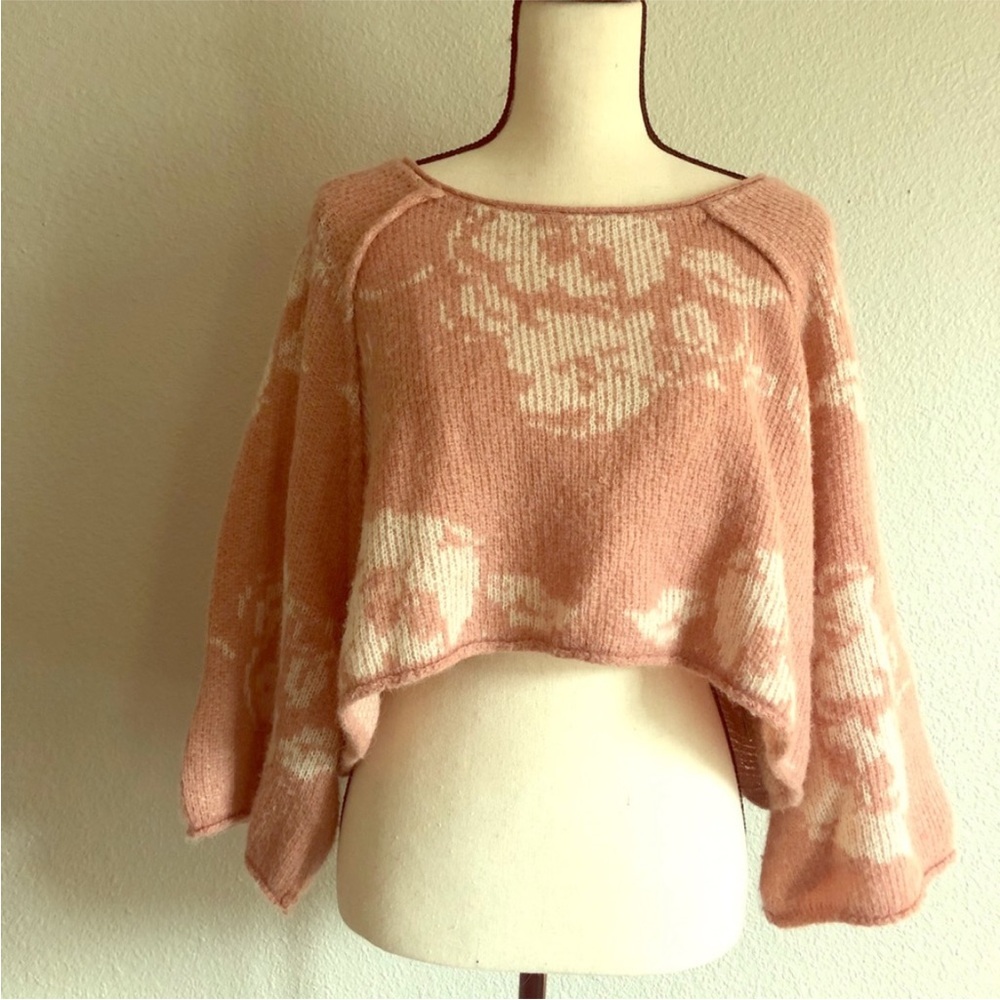 Free People Pink and Cream Cropped Floral Sweater